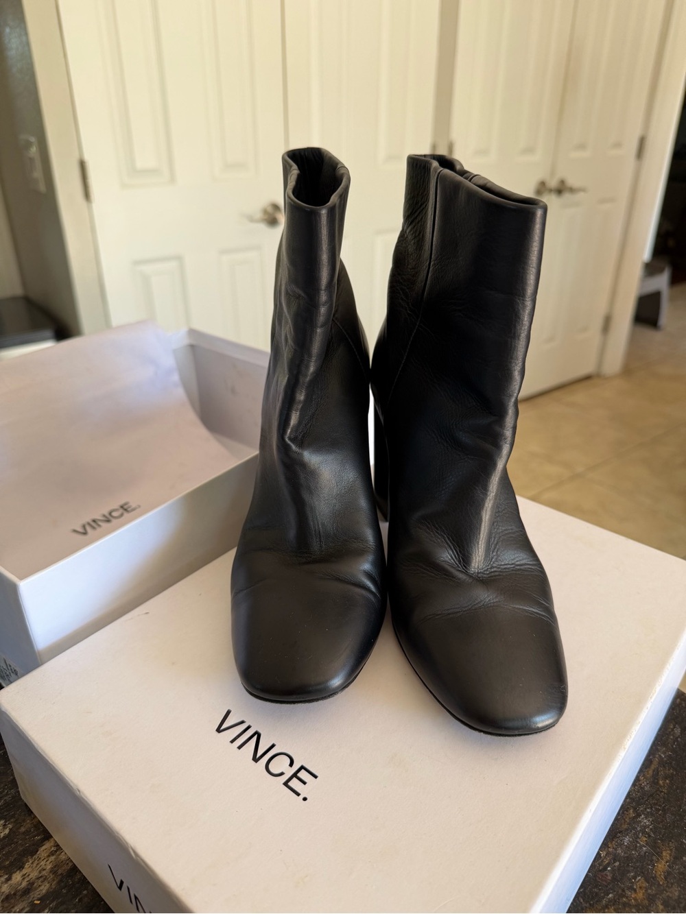 Vince Black Leather Mid-Calf Block Heel Booties - Picture 4 of 7